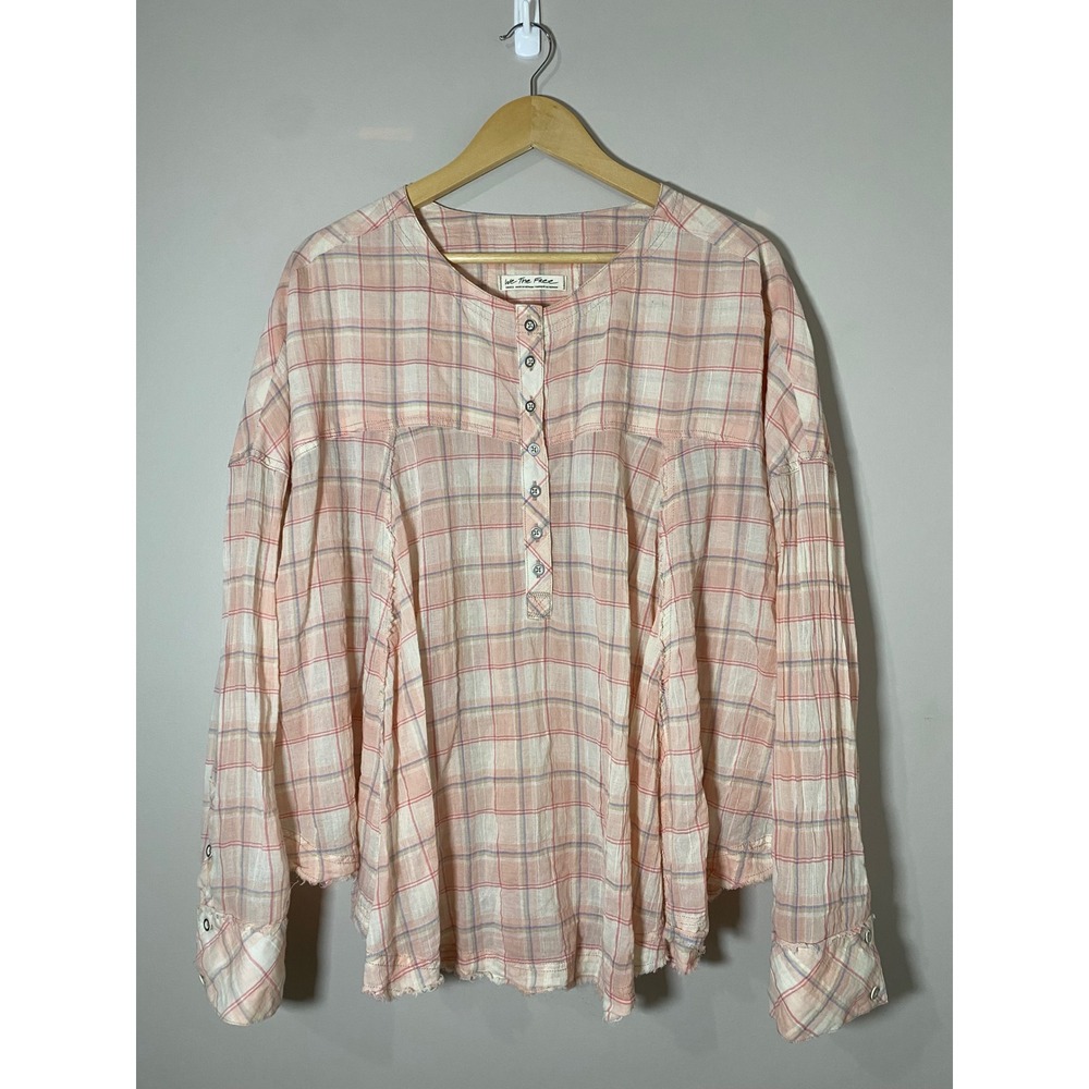 We The Free Free People Pink Plaid Oversized Blouse Round Hem Raw Edge Top Small